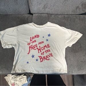 Cream T-Shirt with Red and Blue Graphic Land of the Free Home of the Brave USA